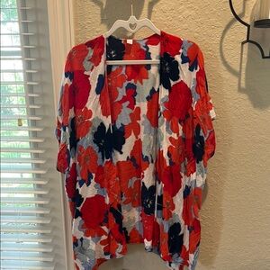 Floral Open-Front Kimono Cardigan Red/White/Blue